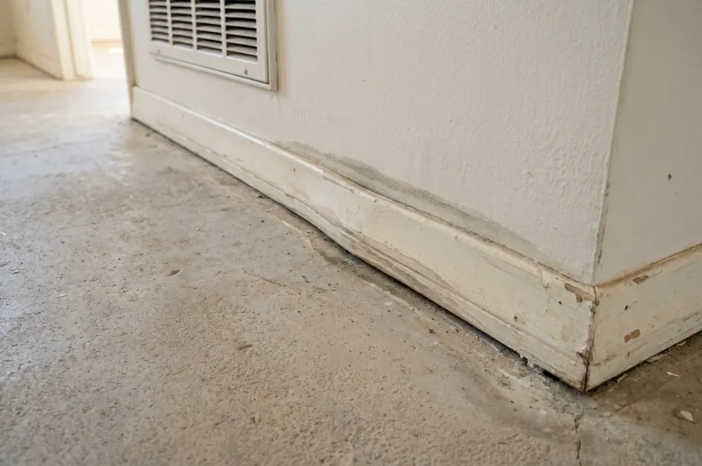 Warped baseboard trim and a faint dark damp stain along the bottom of a wall in an older Phoenix home from a slow slab leak, available indoor light, mild early-stage damage.