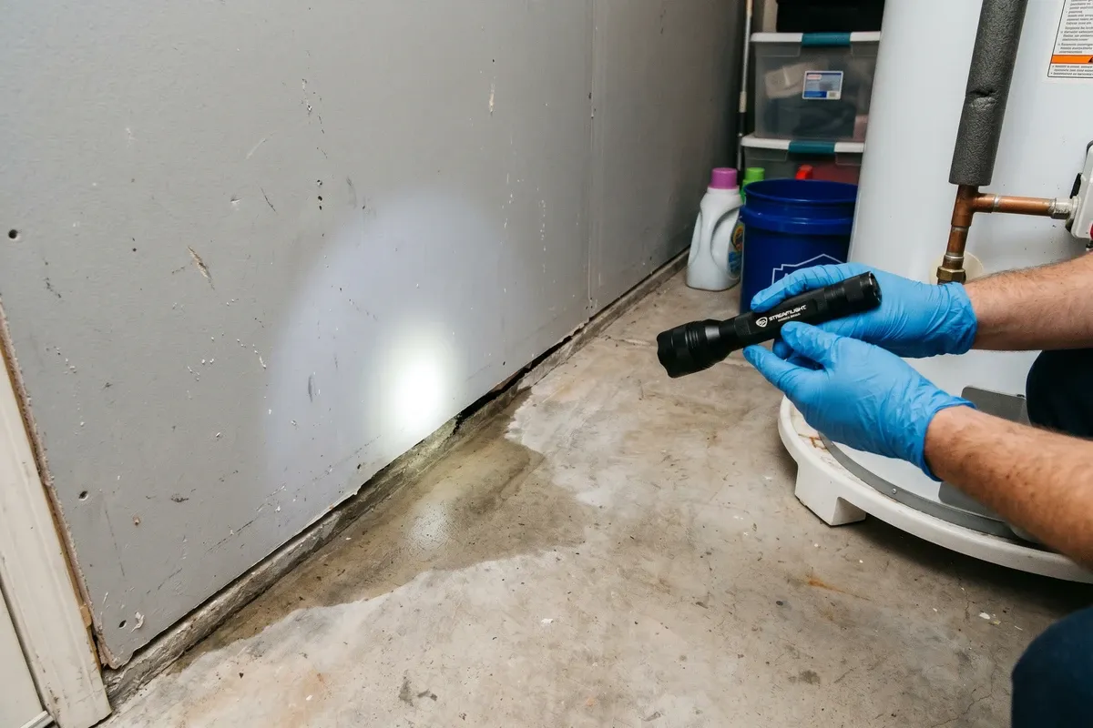 Gloved hands holding a flashlight inspecting a damp concrete slab area below a wall in a Phoenix home utility room, slight moisture sheen on the concrete floor, no dramatic damage visible.