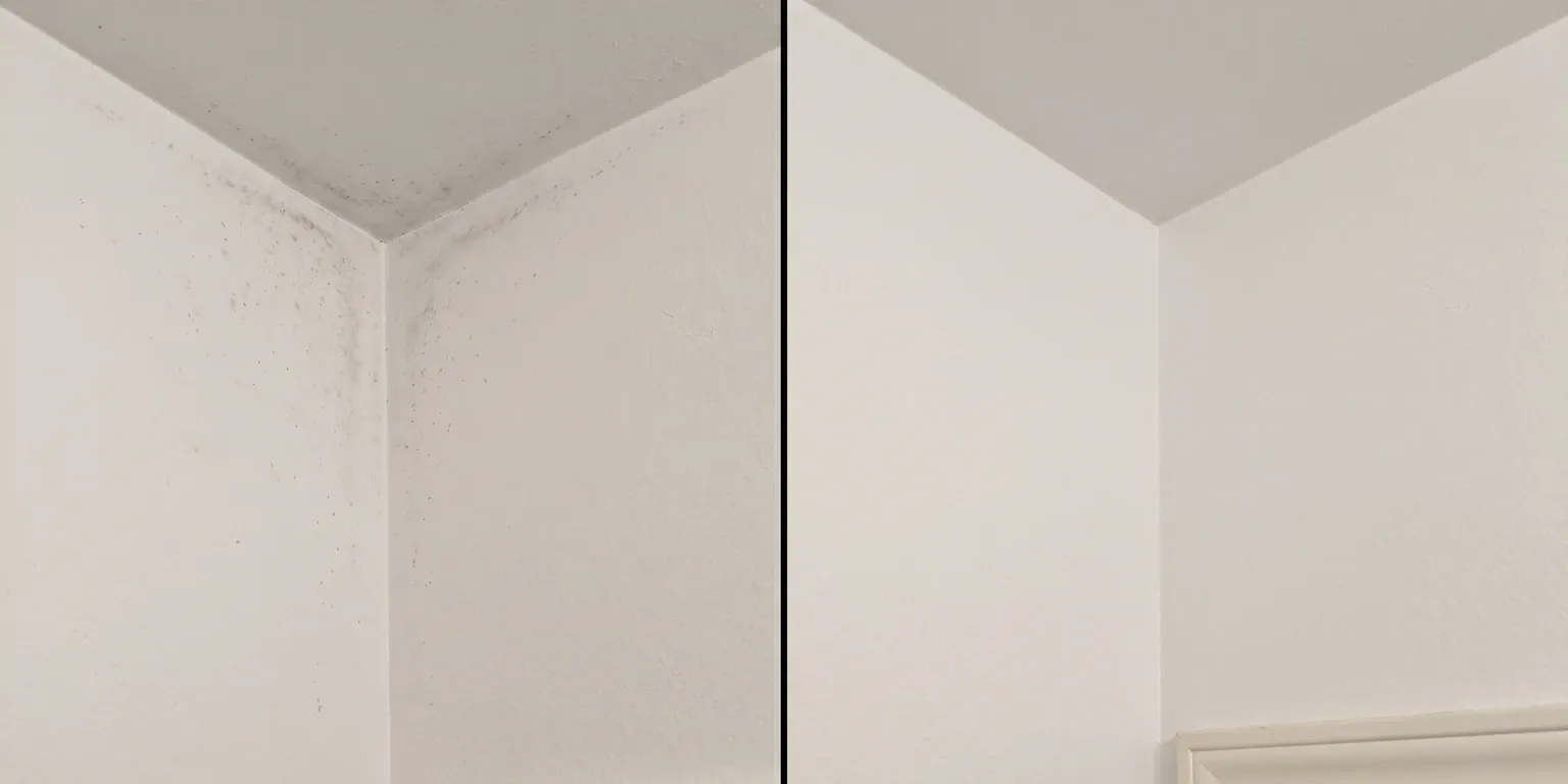 A real Surprise mold removal job shown before and after — mold-damaged surface on the left, cleaned and repaired on the right.