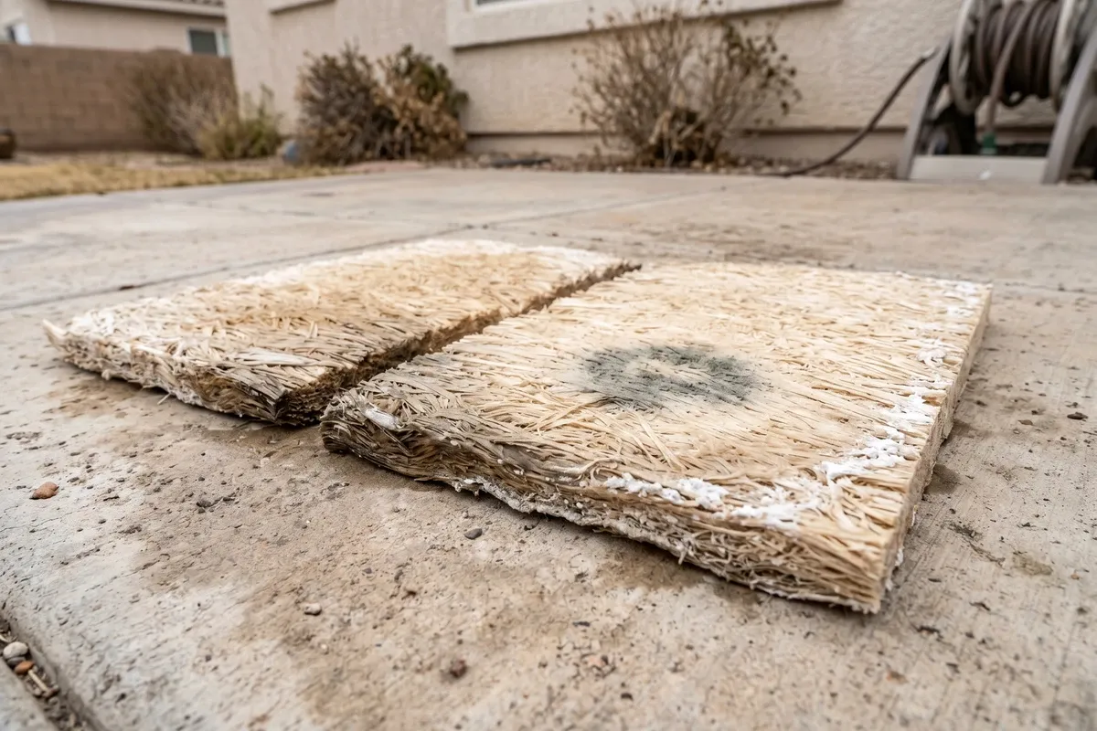 Worn aspen-fiber swamp cooler pads laid flat outdoors in desert daylight, showing chalky mineral deposits and faint dark mold patches from a season of use in a Phoenix home.