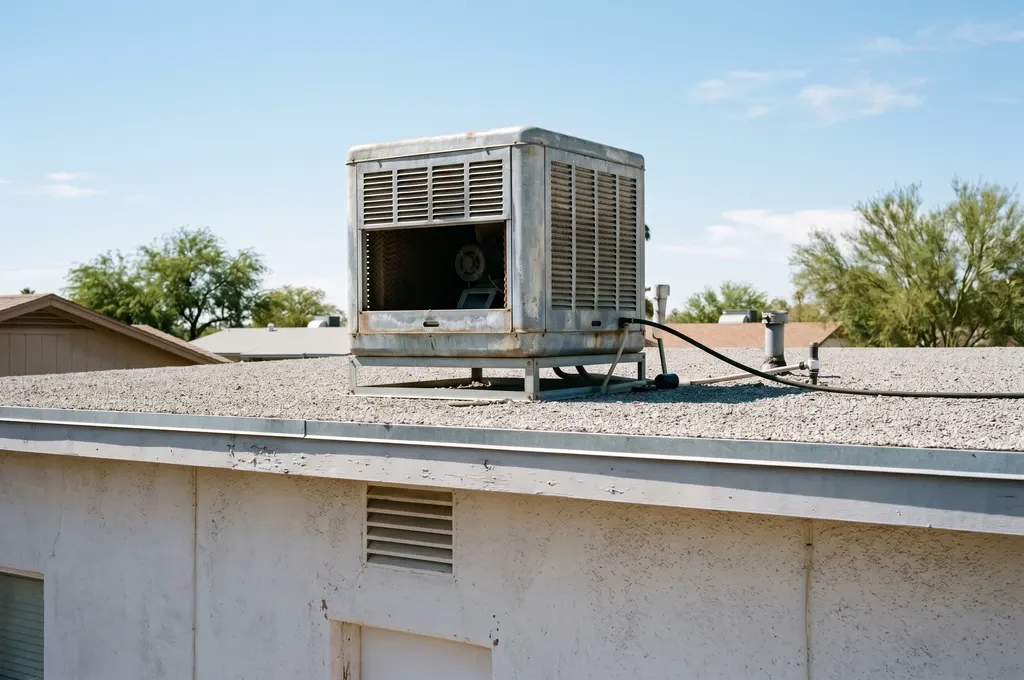 A residential evaporative swamp cooler mounted on a flat roof of a Phoenix stucco home with a weathered metal housing and water supply line, bright Arizona sunlight, no people.