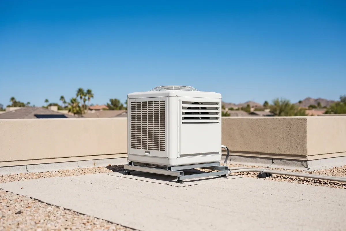 White evaporative swamp cooler unit mounted on a flat roof of a Phoenix home, clear blue sky background, beige stucco parapet.