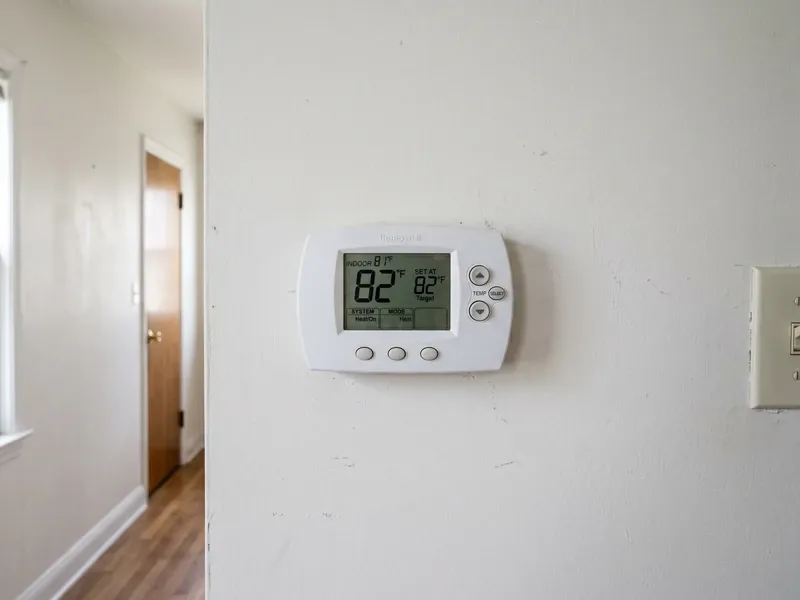 A wall-mounted digital thermostat in an empty home set to 82 degrees Fahrenheit, the AC left running at a high setting to control indoor humidity through the summer.