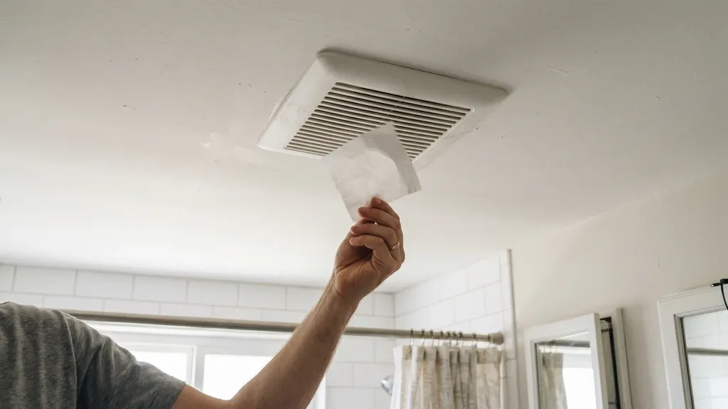 Person holding a small square of white tissue paper near a bathroom exhaust fan grille mounted in a ceiling, the tissue pulled toward the grille showing visible airflow, ordinary residential bathroom.