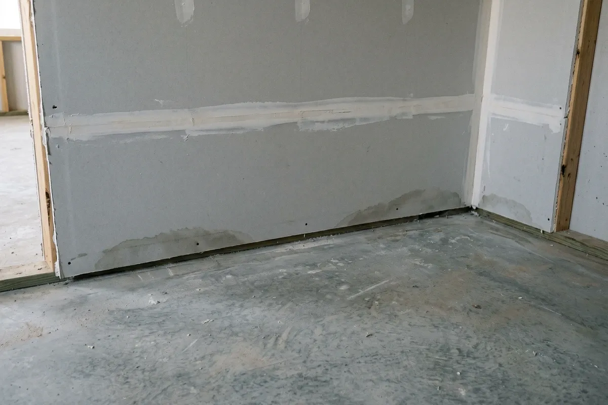 Freshly installed drywall panels in a new construction Phoenix home interior, slight moisture discoloration near the base of the wall, concrete slab floor visible, soft diffuse light.