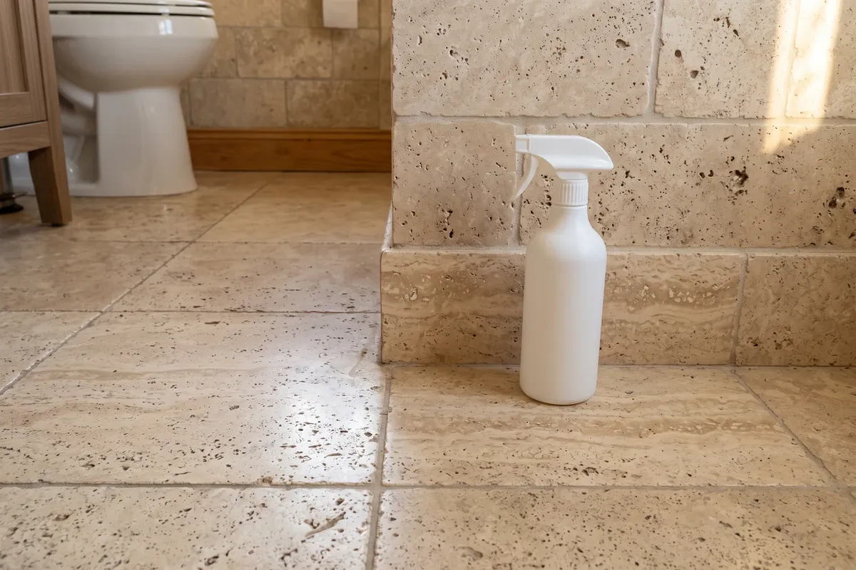 Beige travertine bathroom floor and wall with a spray bottle set on the stone in warm afternoon light
