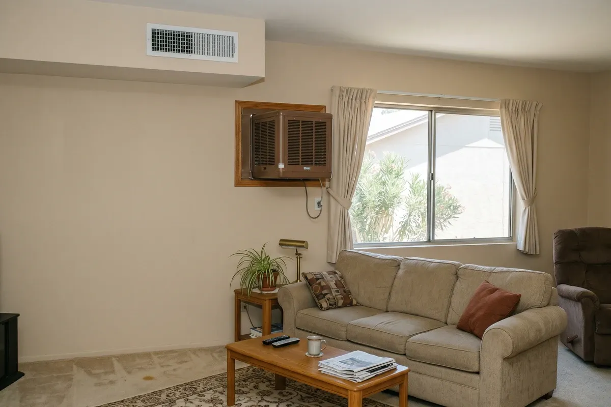 A Phoenix living room interior showing an AC ceiling vent on one side and a window-mounted evaporative unit on the other, illustrating two different cooling approaches in the same home.