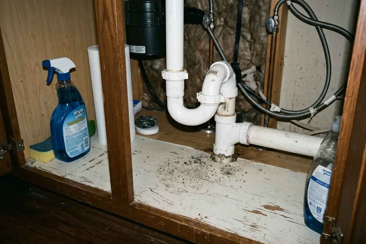 Under a kitchen sink showing early grey mold spotting on the cabinet floor near the P-trap drain, dim available light, mild condition.