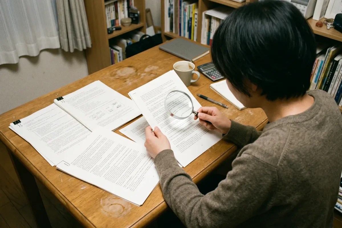 A person at a desk reviews printed contractor documents, holding a magnifying glass over the pages. Overhead view, warm indoor light, wooden desk surface, no legible text visible.