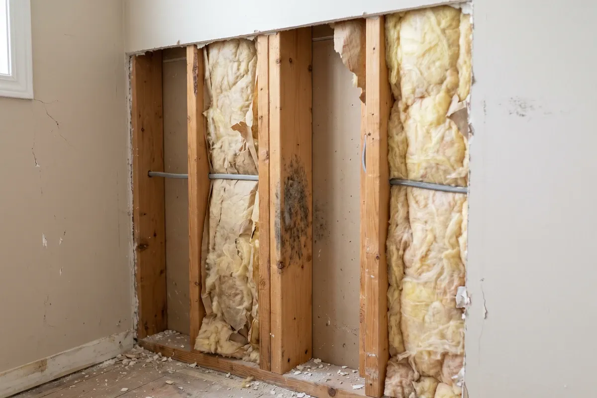 Opened wall cavity during home renovation showing wooden studs and a small patch of dark mold visible on one stud, interior of residential wall, no people