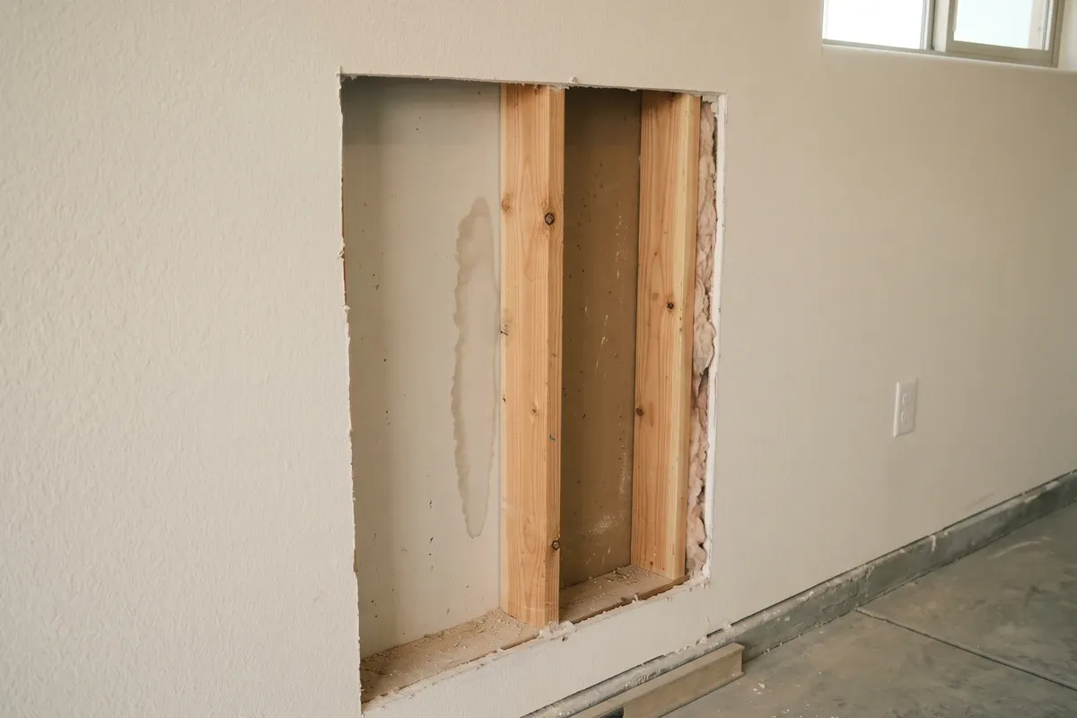 Interior wall section in a new construction home opened to show wood stud framing, slight discoloration on the back of the drywall panel, construction setting, soft diffuse light.