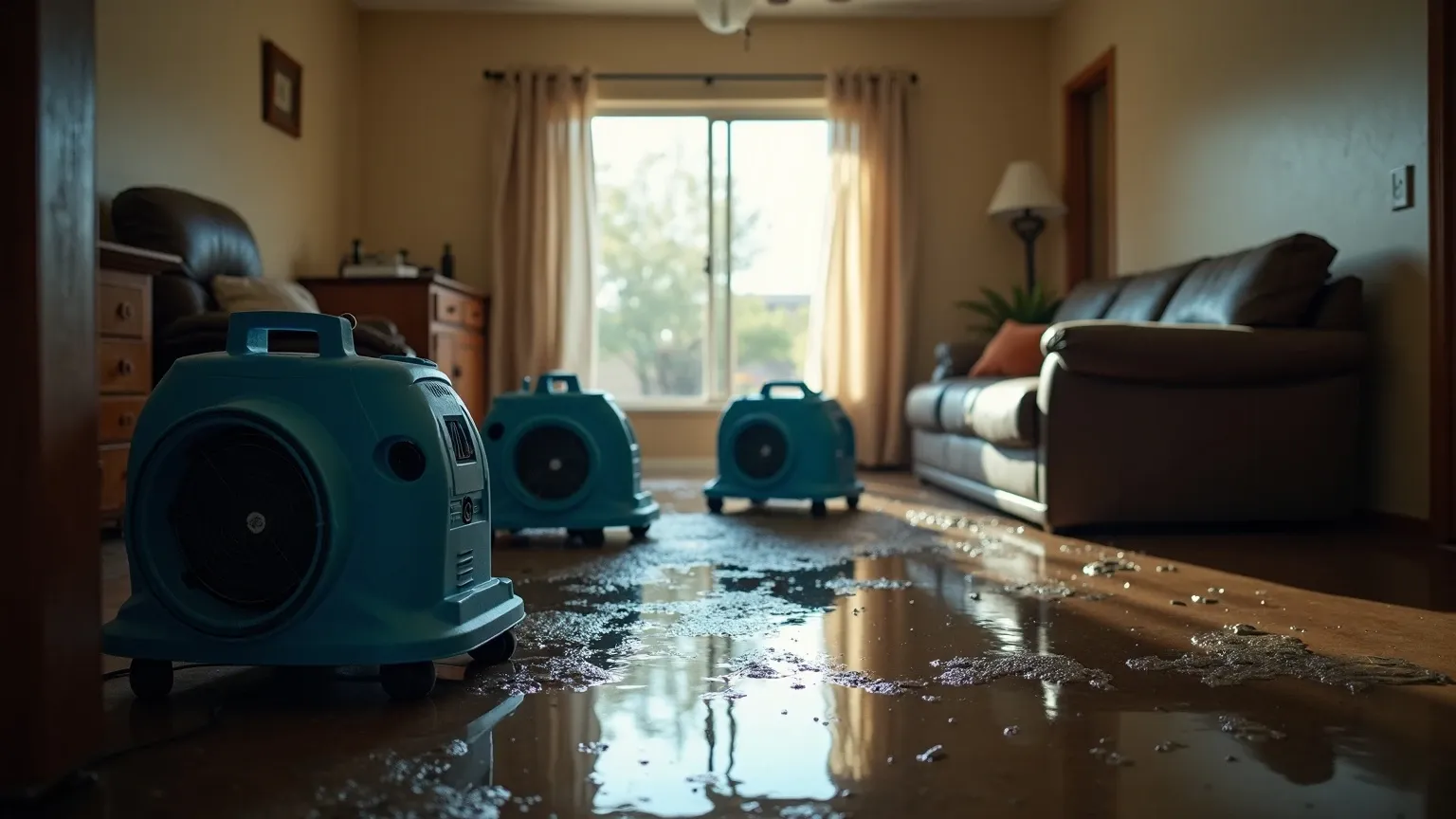 A water-damaged Phoenix living room with standing water being dried by blue air movers.