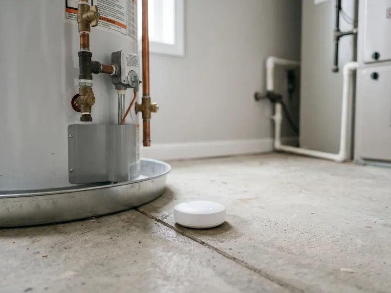 A small wifi water leak sensor placed on the floor near a water heater base in a utility room, the sensor indicator light visible, monitoring for water intrusion.