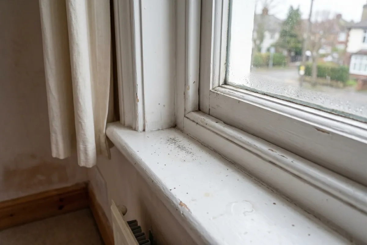 The bottom corner of a white-painted bedroom window frame with a faint patch of small dark mold specks along the sill and light condensation on the glass, ordinary daylight — an early, modest mold source of the kind that seeds indoor spores.
