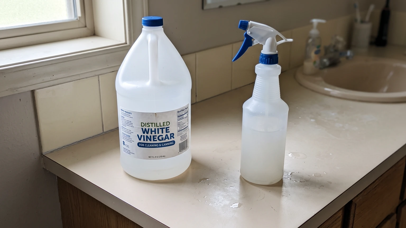 White vinegar jug and spray bottle on a bathroom counter beside tile with a faint dark line along the grout
