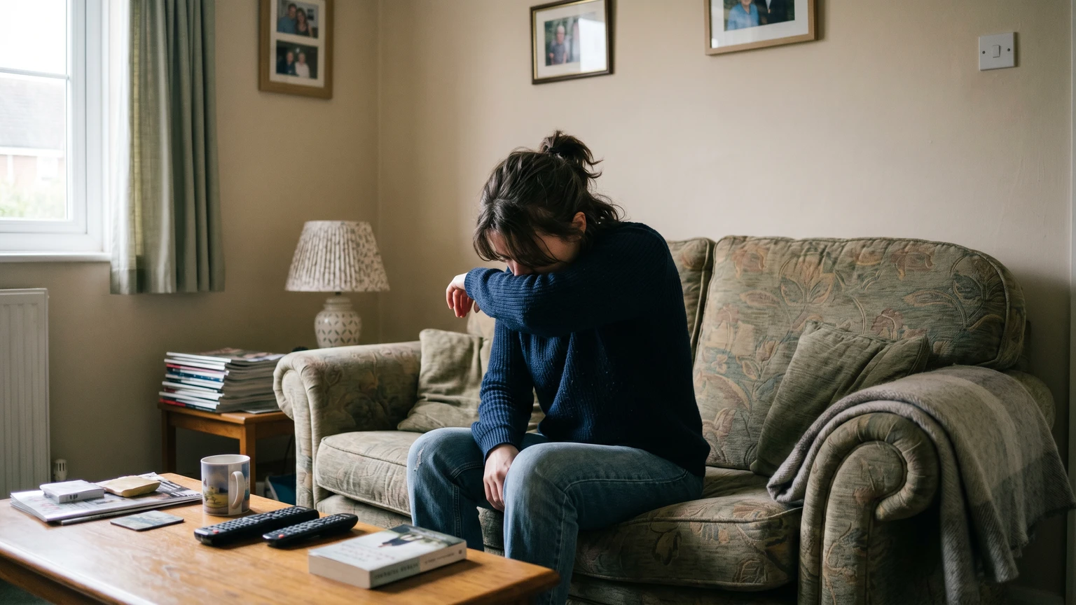 Person coughing into their elbow in a modest living room, a persistent symptom that can be an early sign of hypersensitivity pneumonitis from mold exposure.