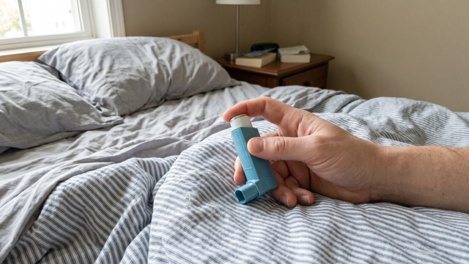 An adult's hand holding a light blue rescue inhaler on the edge of a bed in an ordinary sunlit bedroom.