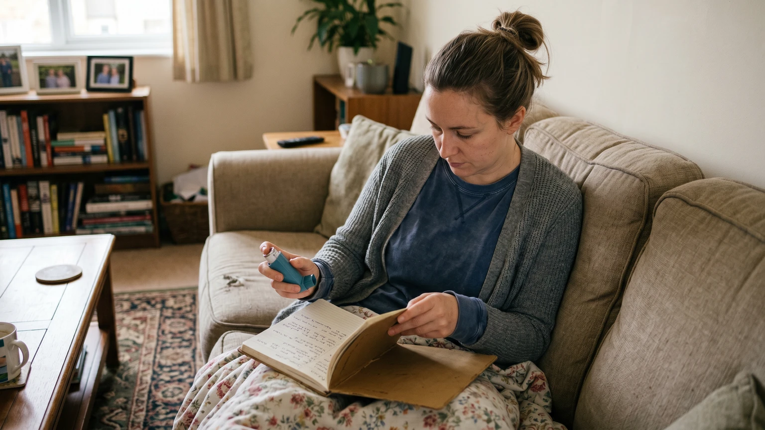 Person sitting on a couch holding a rescue inhaler and reading a handwritten symptom journal in an ordinary living room.