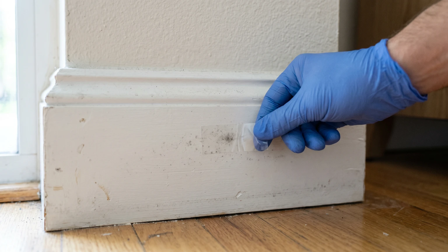 A gloved hand pressing a clear tape-lift strip against a small dark mold spot on a baseboard to collect a surface sample