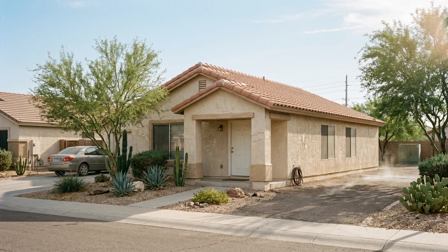 A Phoenix suburban home exterior in afternoon desert heat, beige stucco walls, terracotta tile roof, heat shimmer above the driveway, pale blue sky.