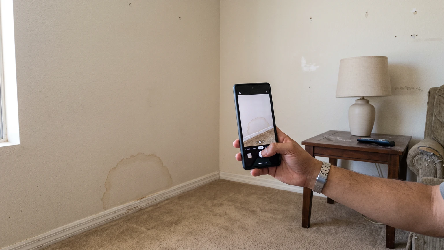 A hand holding a phone to photograph a small dried water stain low on a living-room wall just above the baseboard